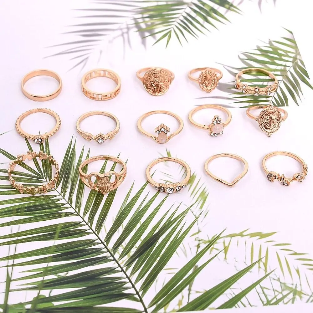 15 Retro Lady Jewelry Retro Gold-color Coins Cross Love Ring Europe And America Portrait Water Drill Ring Set Woman image 4