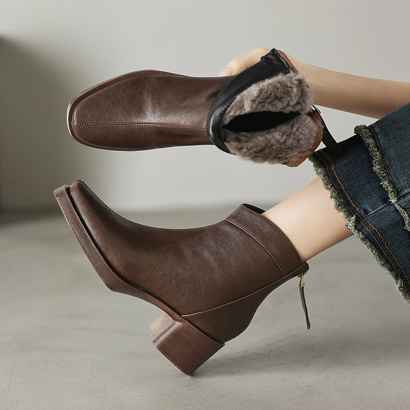 

Women's new winter warm lambhair leather cowhide high-heeled oversized retro back zipper Chelsea boots snow boots