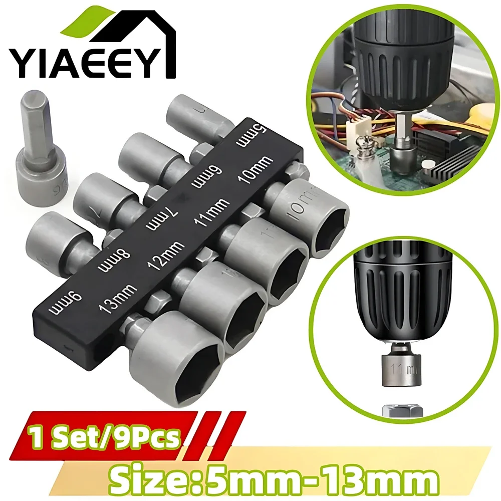 5-13mm Hex Socket Screw Sleeve Nozzles Nut 1/4in Hexagonal Nut Driver Drill Adapter Screwdriver Set Bits Sets Hand Tools 9Pcs