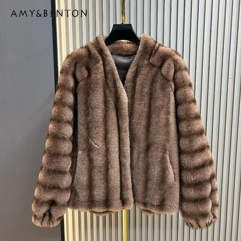 

Imitation Mink Fur Coat Ladies Winter Warm Comfortable Faux Fur Korean Style Loose Long-sleeves Furry One-Piece Woolen Jacket