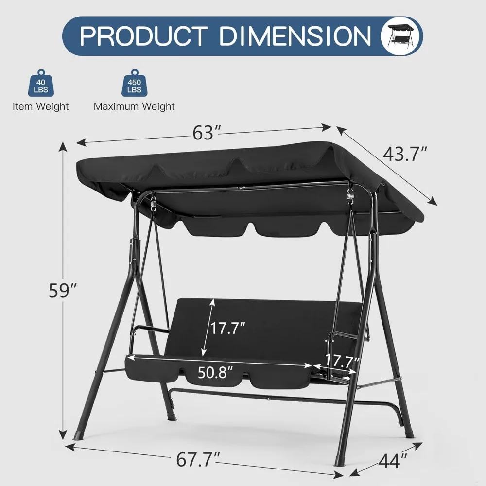 3-Seat Glider Porch Bench with Removable Cushion and Adjustable, Patio Swings