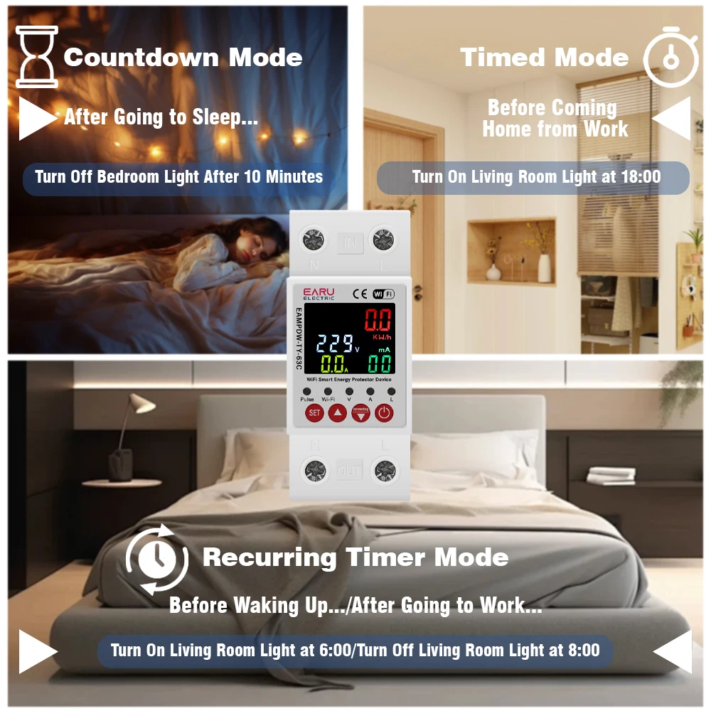 2P 63A TUYA APP WiFi Smart Circuit Earth Leakage Over Under Voltage Protector Relay Device Switch Breaker Energy Power kWh Meter