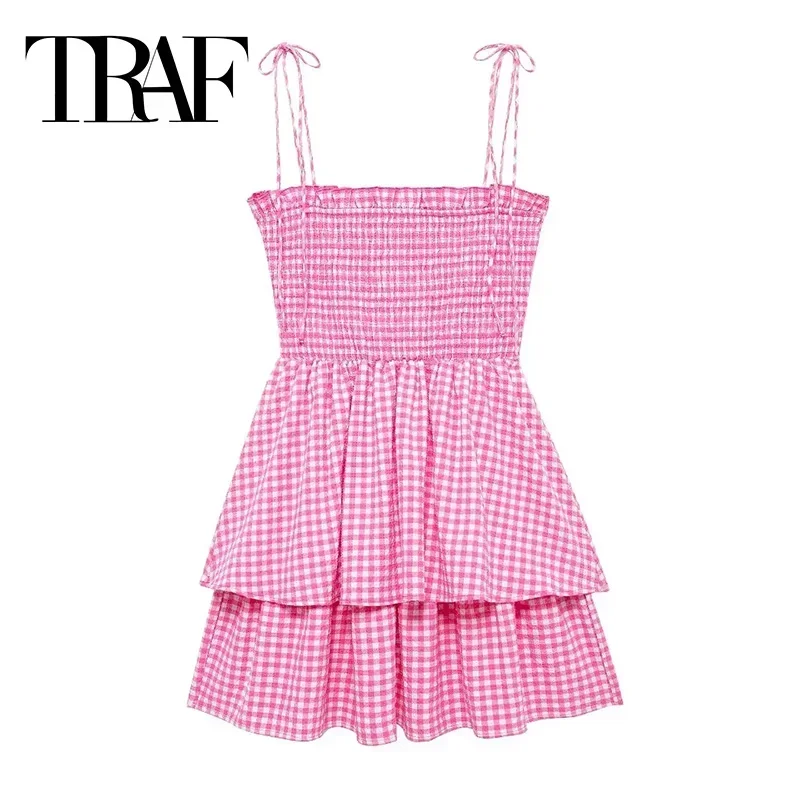 

TRAF Plaid Womens Dresses Pleated Pink Slip Dress Sleeveless Mini Dress With Strap Ruffle Summer Dress Check Beach Short Dresses