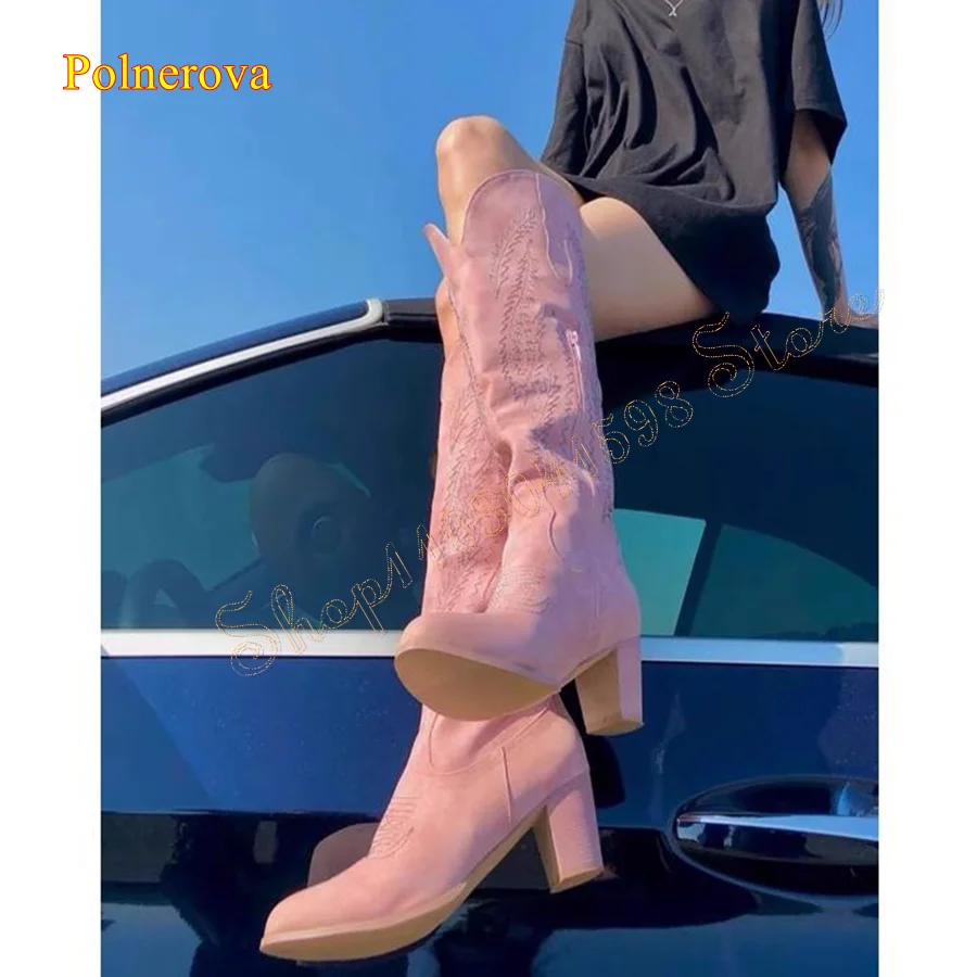 

Embroidered Pink Suede Knee High Boots,Round Toe Zippered High Heel Boots Women's Thick Heel Boots 2024 New Zapatos Para Mujere