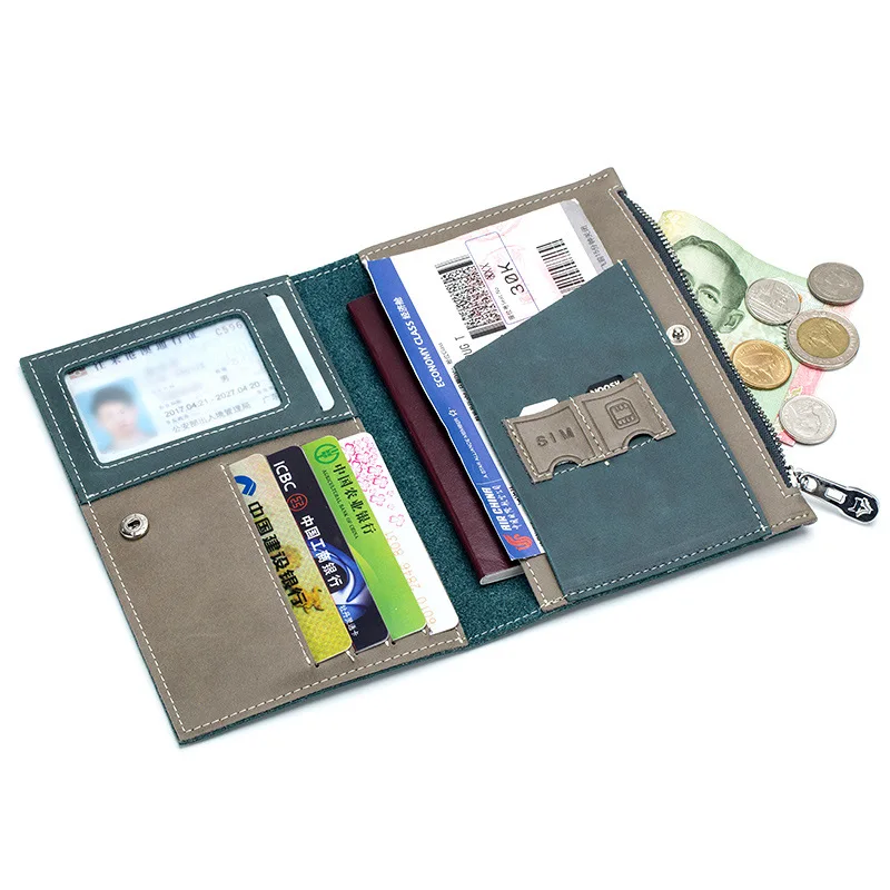 Genuine Leather Multifunctional Large Wallet Passport Holder Card Cover Coin Purse Ticket Document Organizer Bag