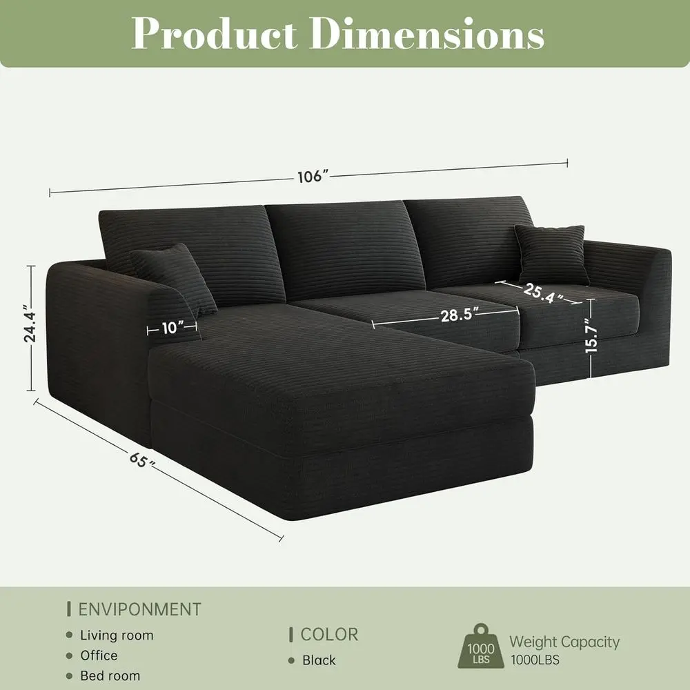 Reversible Chaise Sectional Sofa, 3-Piece L-Shaped Couch Set, Black Corduroy, High-Density Foam, No Assembly Needed