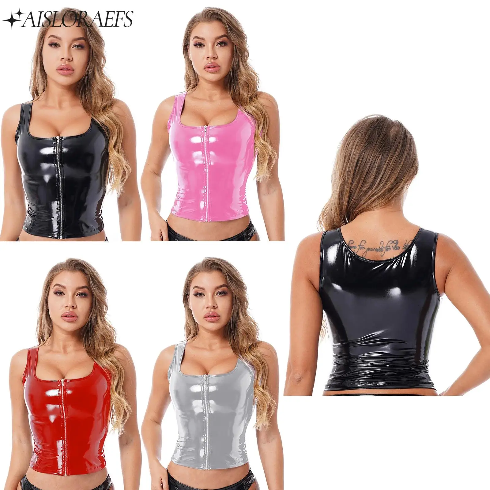 Womens Fashion Wet Look Sleeveless Vest Patent Leather Tank Crop Tops for Club Pole Dancing Daily Life Music Festival Costume