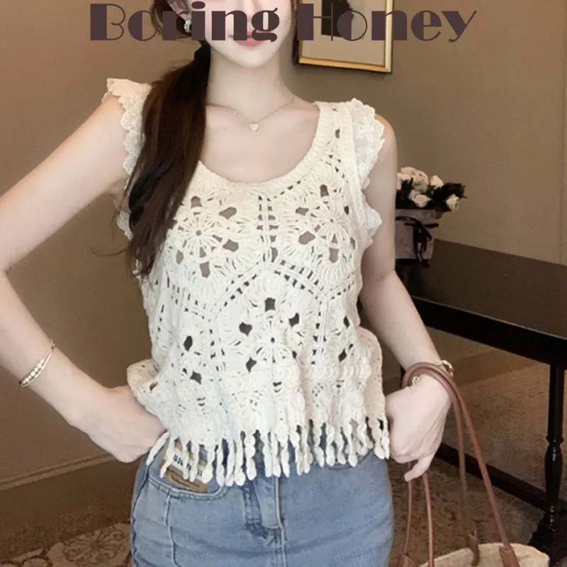 

Boring Honey Summer Fashion French Tassel Hollow Out Knitted Sleeveless Vest Female Loose Slim Versatile Design Chic Top Women