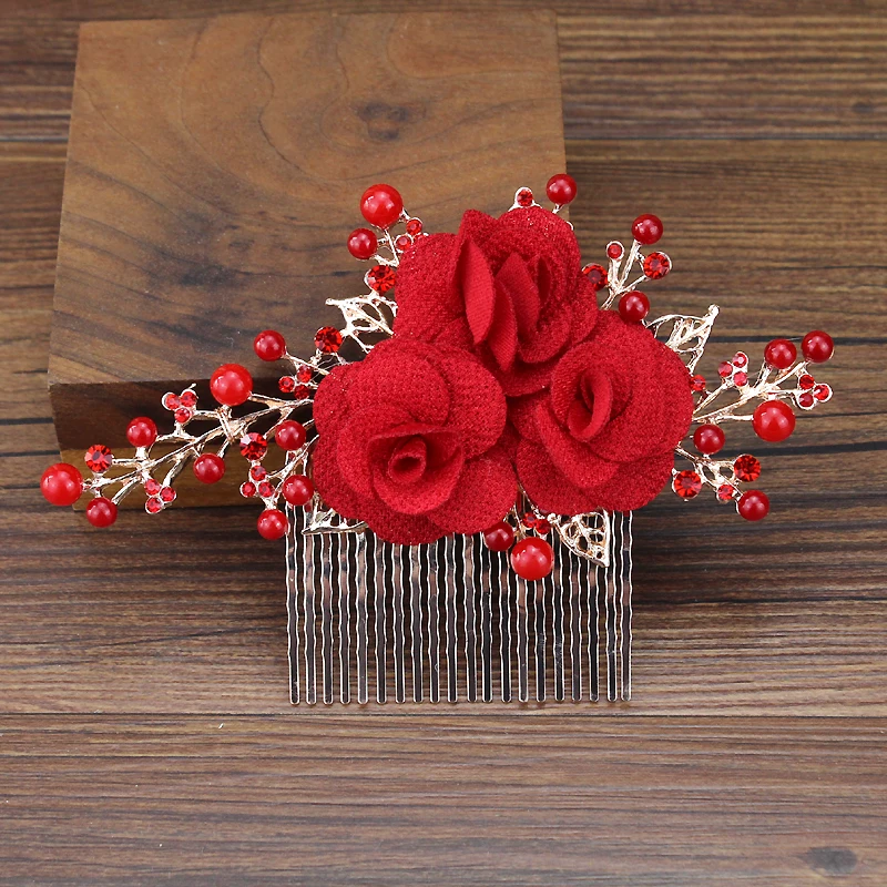 Handmade Crystal Bridal Hair Accessories Beaded Large Wedding Hair Comb Prom Festival Red Flower Headpiece For Bride Women