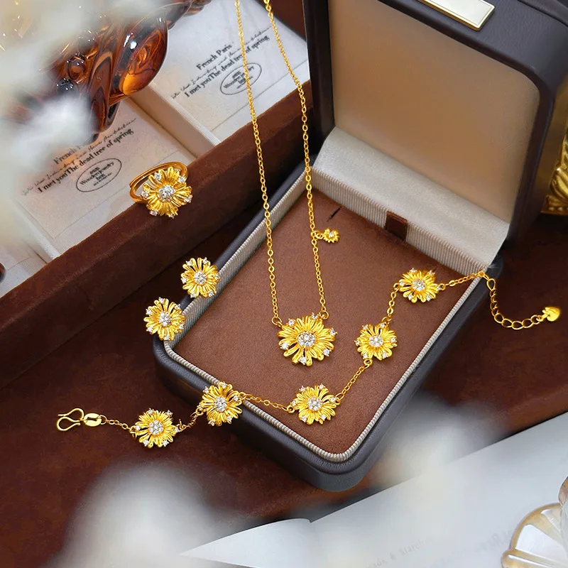 9999 Gold Luxury Minoristic High-Class Diamond Tiny Daisy Flower Necklace
