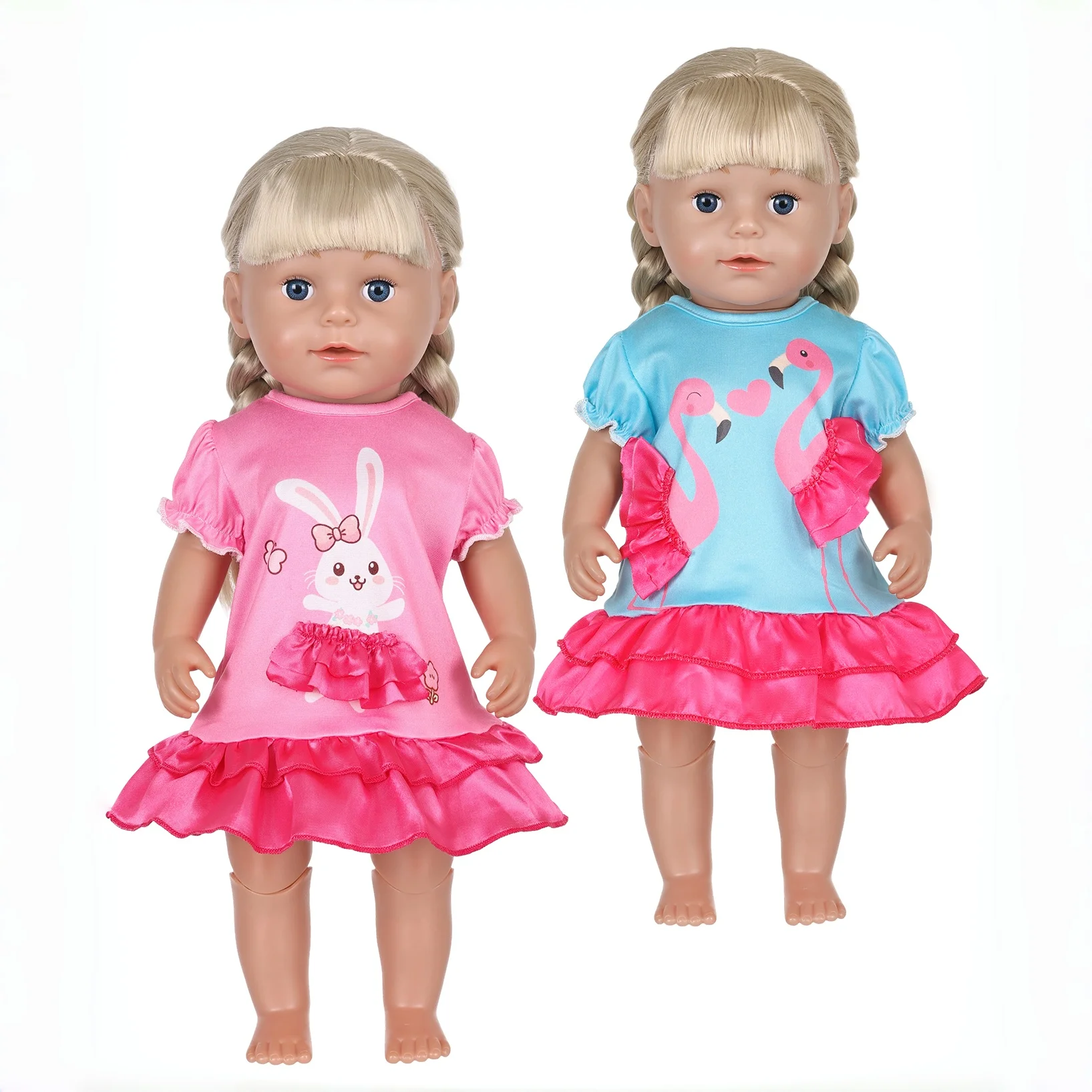Cute 16-18 Inch 40cm Doll Dress Bunny Flamingo Print Ruffle Sleeve Layered Skirt for Baby Dolls Girls Dress Up Gift