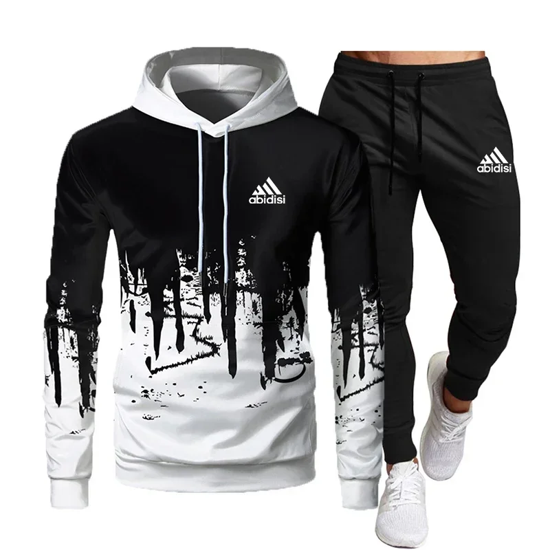 2024 Male foam 3D splash-ink hoodie and pants running 2-piece set, thick sportswear, Spring and Autumn, New fashion,