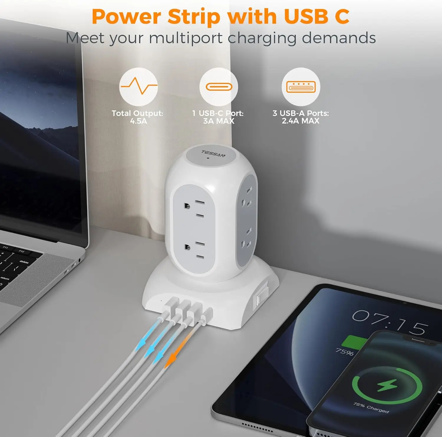 TESSAN Multi-contact Surge Protector Tower Power Strip 8 Outlets AC and 4 USB(1 Type-C) Dorm Travel Essentials Dorm Travel