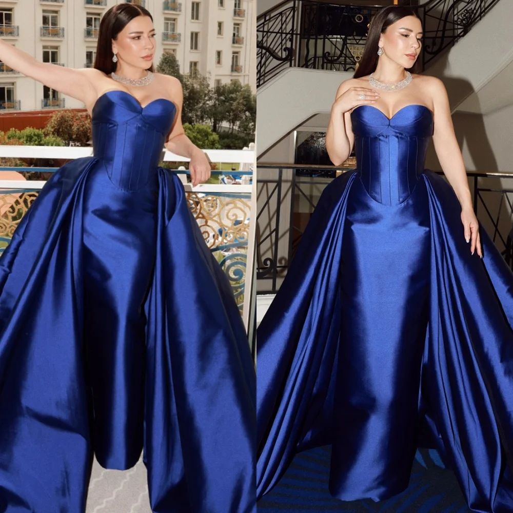 

Customized Romantic Blue Satin Evening Dress Classic Strapless Sleeveless Homecoming Dresses Exquisite Special Occasion Gowns
