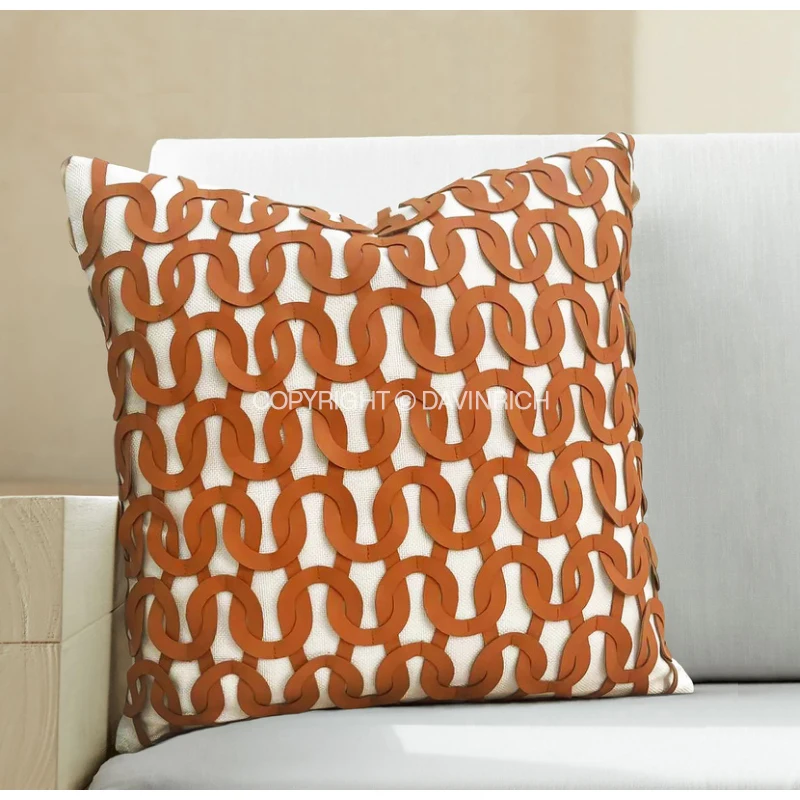 DAVINRICH  H Style Chain Geometric Art Cushion Cover High Grade Hide Leather Luxury Handmade Decorative Throw Pillowcase 45x45cm