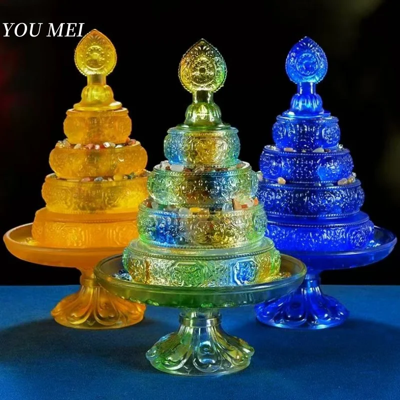 1Set Buddhism Guardian Manza Plate,Contains Gems Tibetan Exquisite Liuli Texture 4 Layer Tantric Altars Holy Tray,Buddhist Item