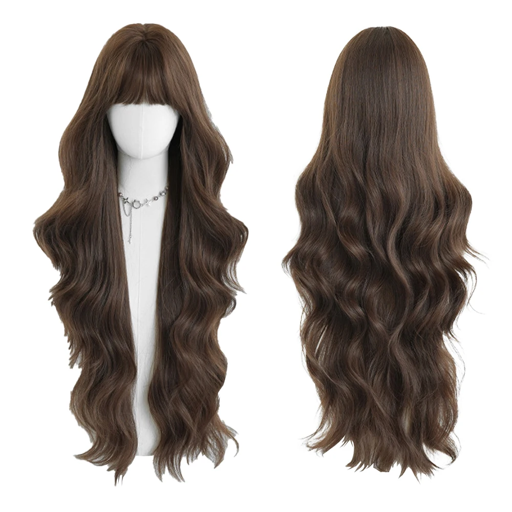 ที่คาดผมผมยาวหยิกสังเคราะห์คุณภาพสูงพร้อมหน้าม้าที่ดูฟูเป็นธรรมชาติ เหมาะสำหรับวิกผมสำหรับเล่นบทบาทในงานปาร์ตี้ประจำวันของผู้หญิง