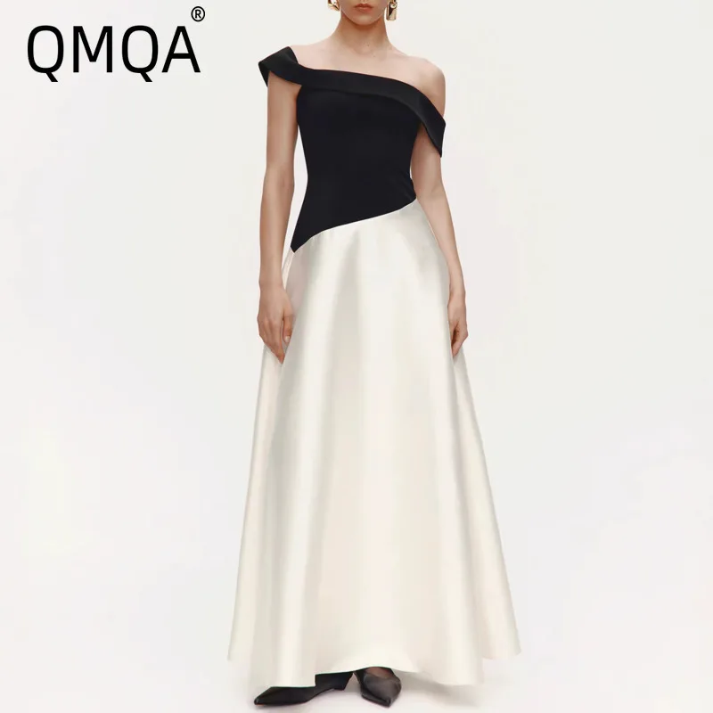 QMQA Mode Dames High-end Kleurblokkerende Satijnen Avondjurk Elegante Slanke Avondfeestjurk 2026 Vrouwelijke Nieuwe Kleding M1045