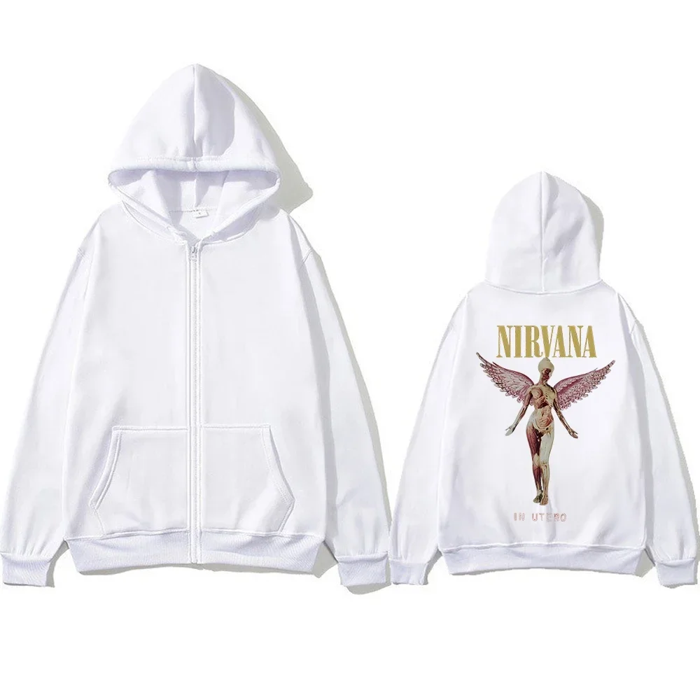 Unisex-Fleece-Hoodie mit Reißverschluss, Nirvana In Utero Angel Grafikdruck, Vintage 90er Jahre Rockband, lockerer Schnitt, Sweatshirt mit durchgehendem Reißverschluss – Detail 5