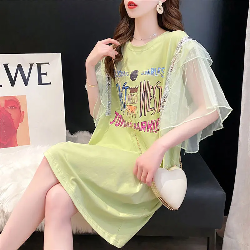 Female Clothing Korean Letter Printed Pullovers Summer Stylish Gauze Spliced Short Sleeve Casual Round Neck Loose Basic T-shirt