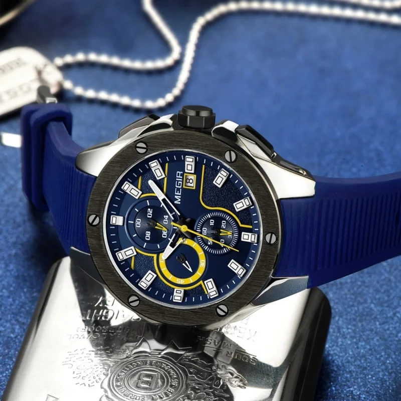 MEGIR 2053 Men's Quartz Watches Luminous Sports Chronograph Date Waterproof Silicone Strap Multifunctional Wristwatch for Man