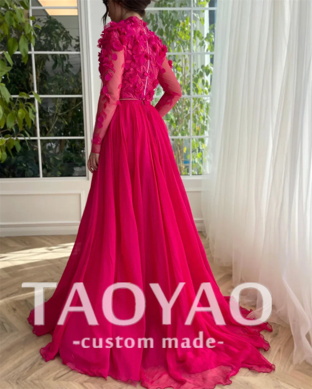 Hot Pink High Neck Chiffon Prom Dress Two Piece Set Evening Dress Long Sleeves فساتين مناسبة رسمية Flower A-line Prom Gown