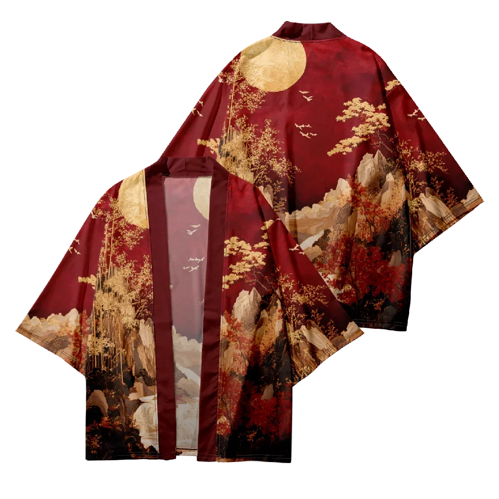Mountain Kimono Cardigan Men Japanese Haori Red Moon Loose Fashion Trendy Streetwear Vintage Retro Novelty Cool Landscape