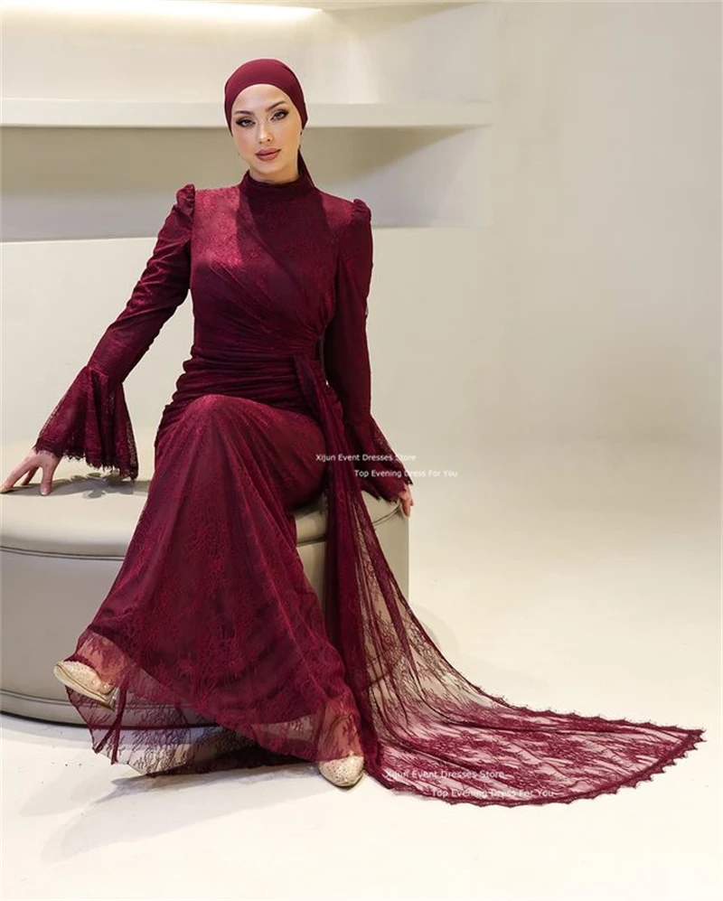 Xijun Modest Full Lace Long Evening Dresses High Collar A-Line Prom Dresses Muslim Moroccan Kaftan Formal Prom Gowns Customized image 4