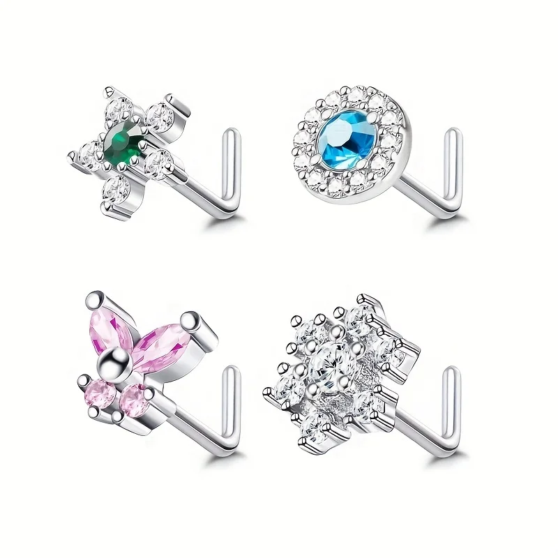 تشيكوسلوفاكيا فراشة ستار زهرة الأنف ثقب المجوهرات للنساء ، الأنف خواتم ترصيع ، L شكل مسامير ، 20 جرام ، 4 قطعة
