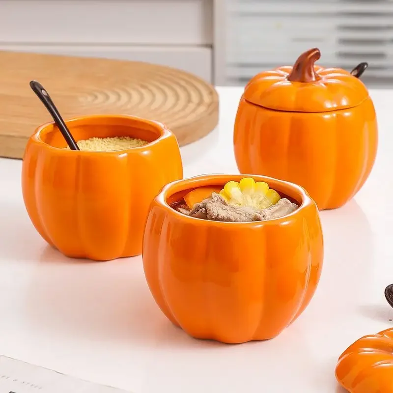 Cute Pumpkin Seasoning Jar Kitchen Seasoning Box Ceramic Stew Pot Home Stew Soup Steamed Egg Bowl with Lid Soup Jar Halloween