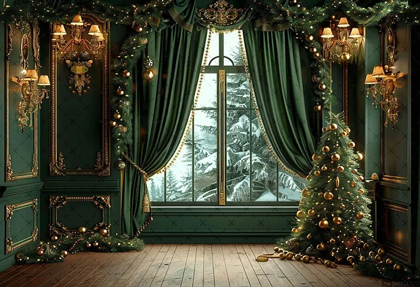 Mehofond Photography Background Green Christmas Windows Gifts Snowy Xmas Tree Kids Family Portrait Decor Backdrop Photo Studio