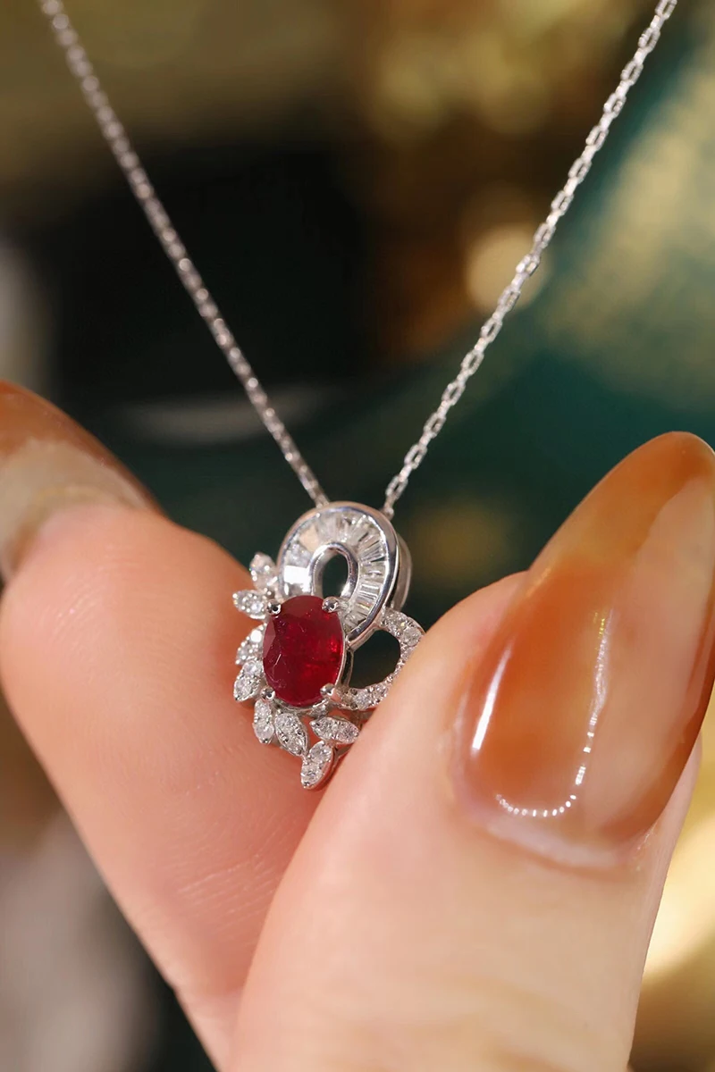 KUGG 100% 18K White Gold Necklace Natural Diamond Natural Ruby Necklace for Women Elegant Butterfly Shape High Wedding Jewelry