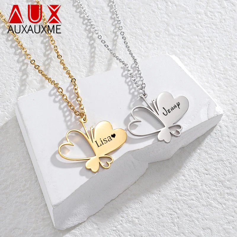 

Auxauxme Custom Engraved Name Hearts Necklaces for Women Stainless Steel Personalized Pendant Friend Mom Lovers Jewelry Gifts