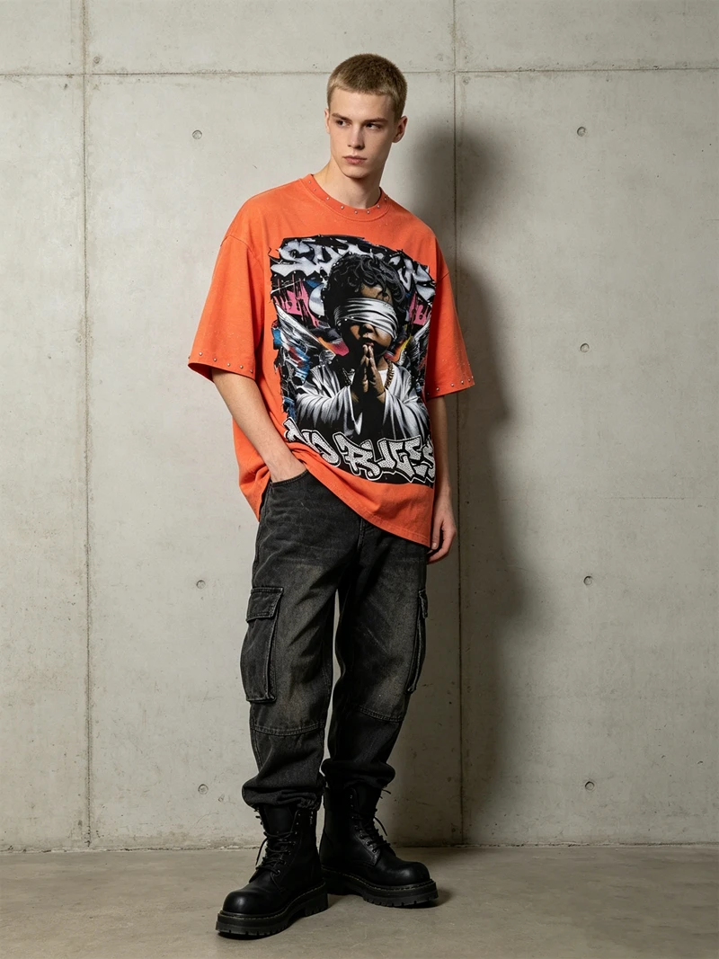 Übergroßes Orange Strass Washed T-Shirt mit Engelsflügeln und Graffiti Lustiges Grafik-T-Shirt für Männer und Frauen Sommer Lässiges Baumwoll-Kurzarm-Oberteil – Detail 5