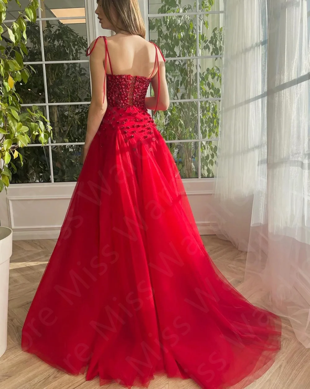 Maßgeschneiderte, wunderschöne Abendkleider, Rot, 2025, Abschlussball-Party-Kleider, ärmellose Blumen, Perlen, Hochzeitsgast-Kleider, Schnürung am Rücken – Detail 5