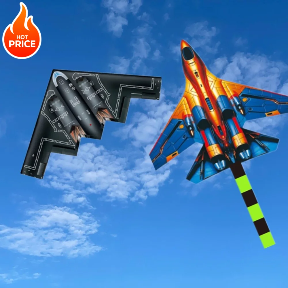 Cometas de avión fáciles de volar, cometa de avión de caza negra de 1,4/1,6 m, buen vuelo con línea de cometa de 100 metros, juguete volador al aire libre para niños y adultos