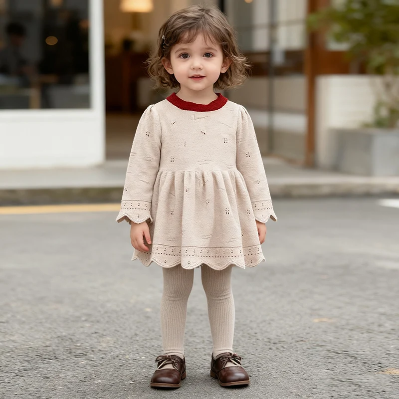 

2026 New Spring Children Clothes Korean Style 0-4Yrs Kids Princess Dresses Long Sleeved Knitted Baby Girl Party Dress