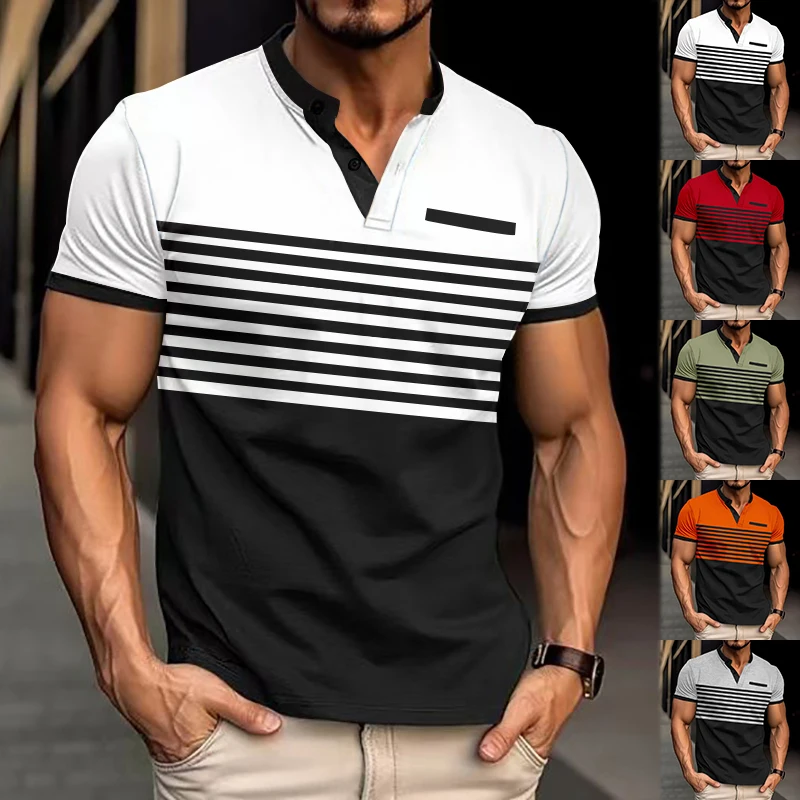 Cross-border Amazon Polo shirt Zipper casual men's printed striped loose short sleeve polo shirt