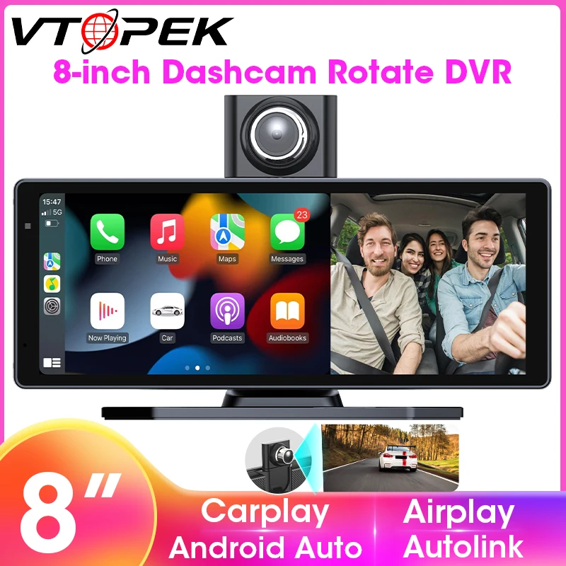 Vtopek 7inch 8inch Car DVR Carplay Android Auto Dashcam 2.5K Front 1080P Rear Camera Voice Control Navigation Recorder Monitor