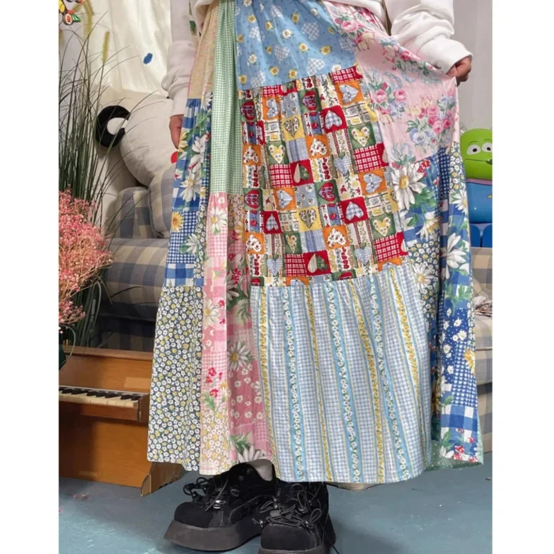 

Korean Printed Colorful Half Skirt Women 2024 Spring Summer Fabric Patchwork Commuting Loose Fitting High Waist A-line Skirt New