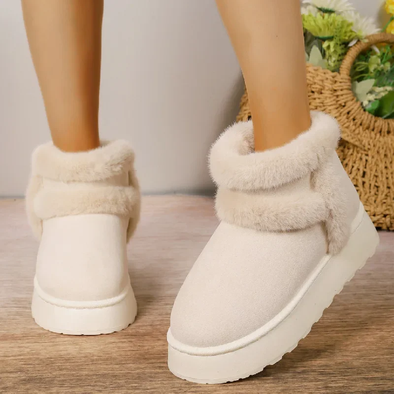 2024 Winter Women Short Plush Warm Snow Boots Casual Shoes New Suede Fur Chelsea Ankle Boots Flats Platform Ladies Shoes Botas