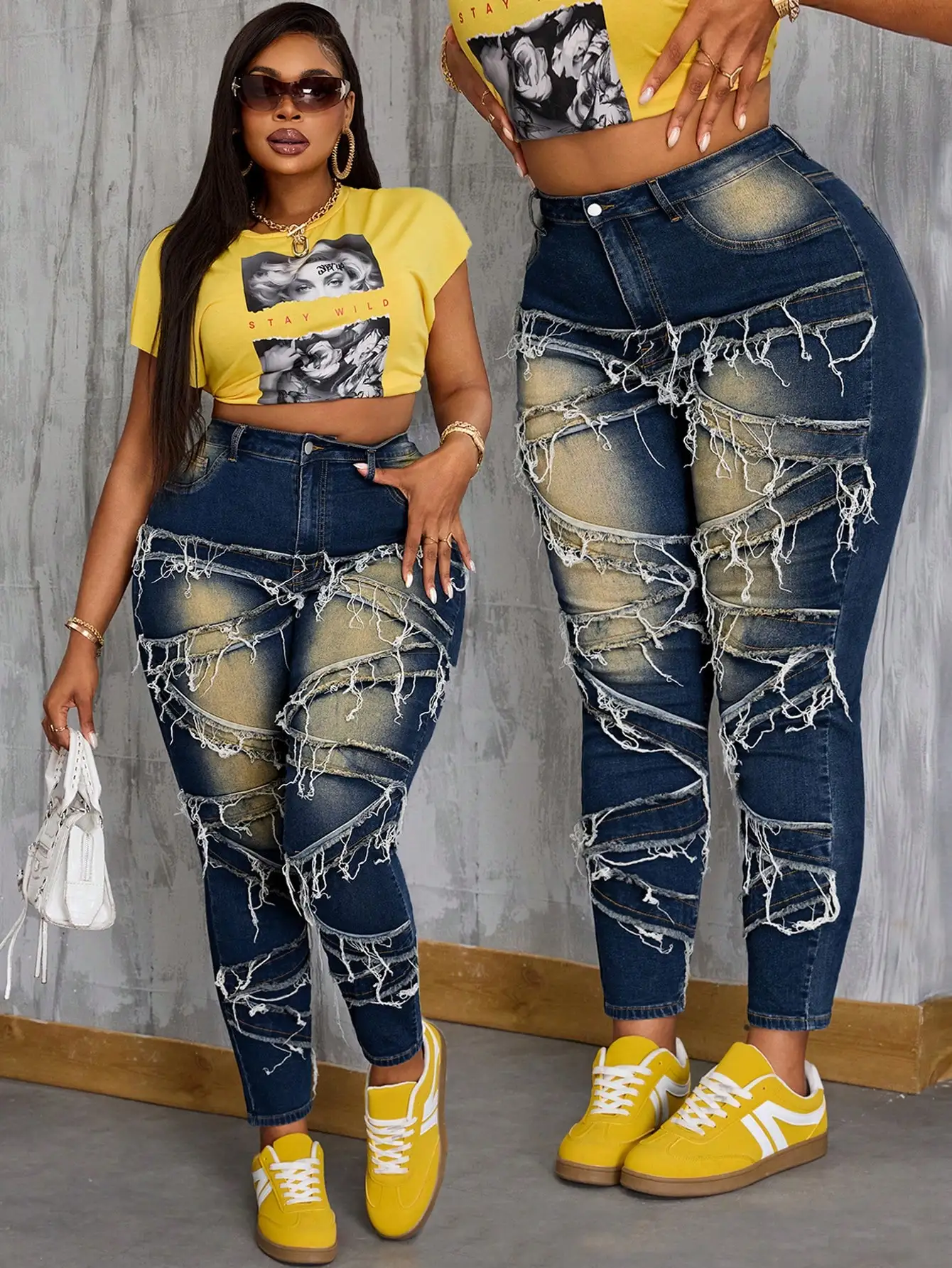 

Джинсы скинни больших размеров с эффектом потертости и рваными деталями для женщин, винтажные джинсовые брюки