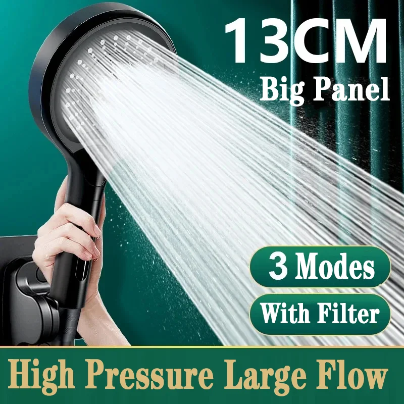 

13CM Big Panel Large Flow Shower Head With Filter 3 Modes High Pressure Spray Massage Rainfall Shower Faucet Bathroom Accessorie