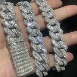 Custom 15mm Width Iced Out Moissanite Baguette Stone 925 Sterling Silver Cuban Link Chain Necklace Men Hip Hop Jewelry Bracelet