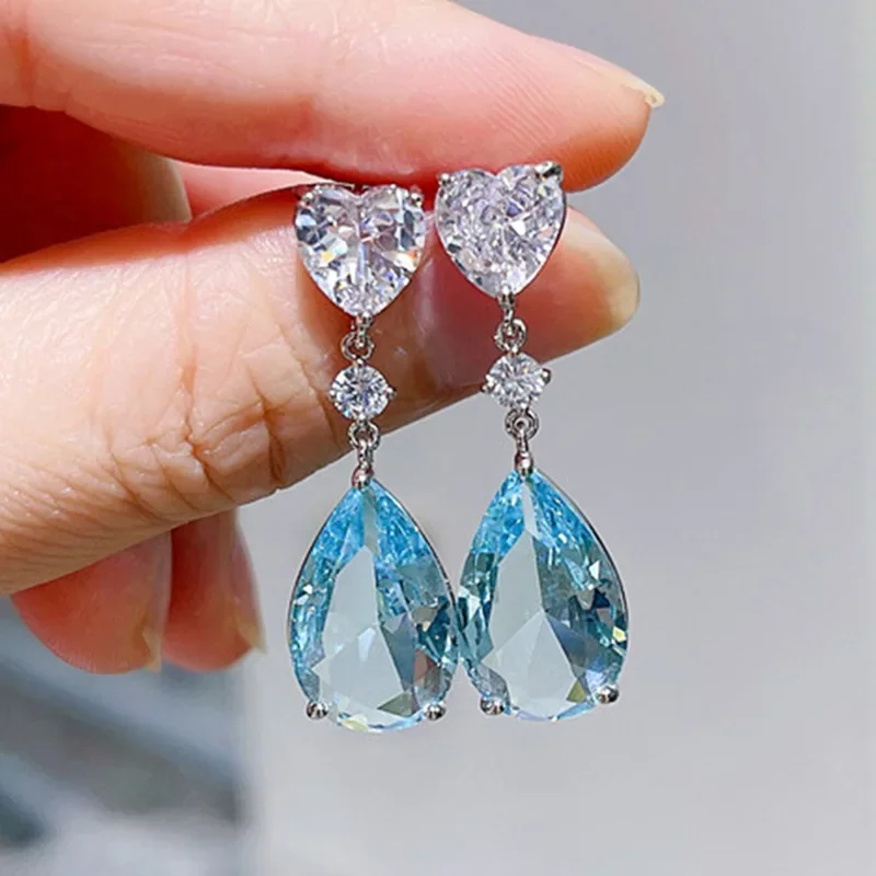 Mode Frauen Wasser Tropfen Kristall Saphir Smaragd Ohrringe Anhänger frauen Liebe 925 Sterling Silber Ohrringe Party Braut Schmuck