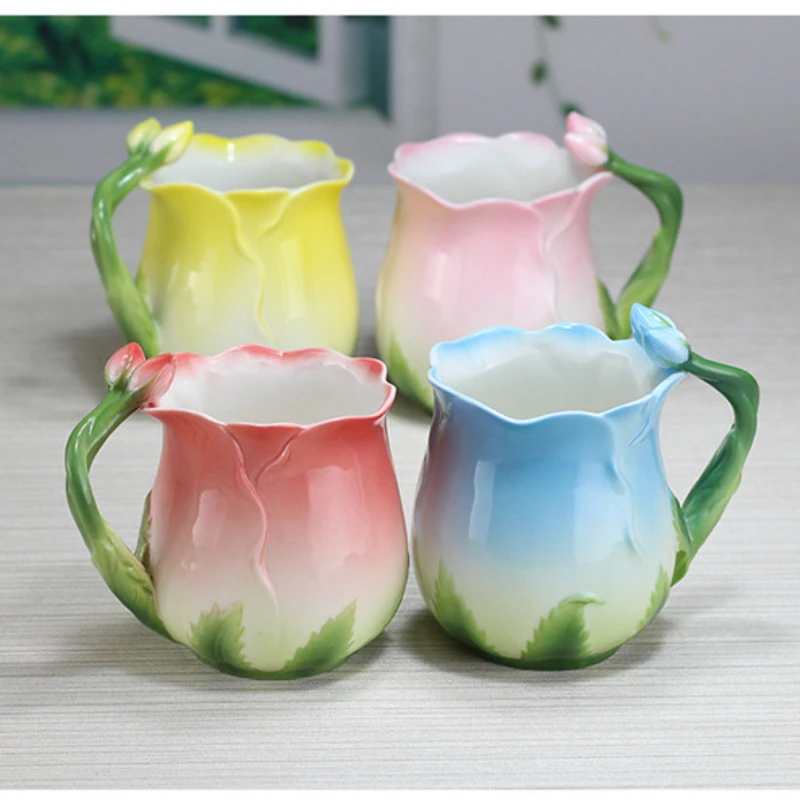 European Style Enamel Ceramic Coffee Mug Creative 3D Rose Flower Shape Lreative 4 Colors Household Breakfast Milk Cup with Spoon