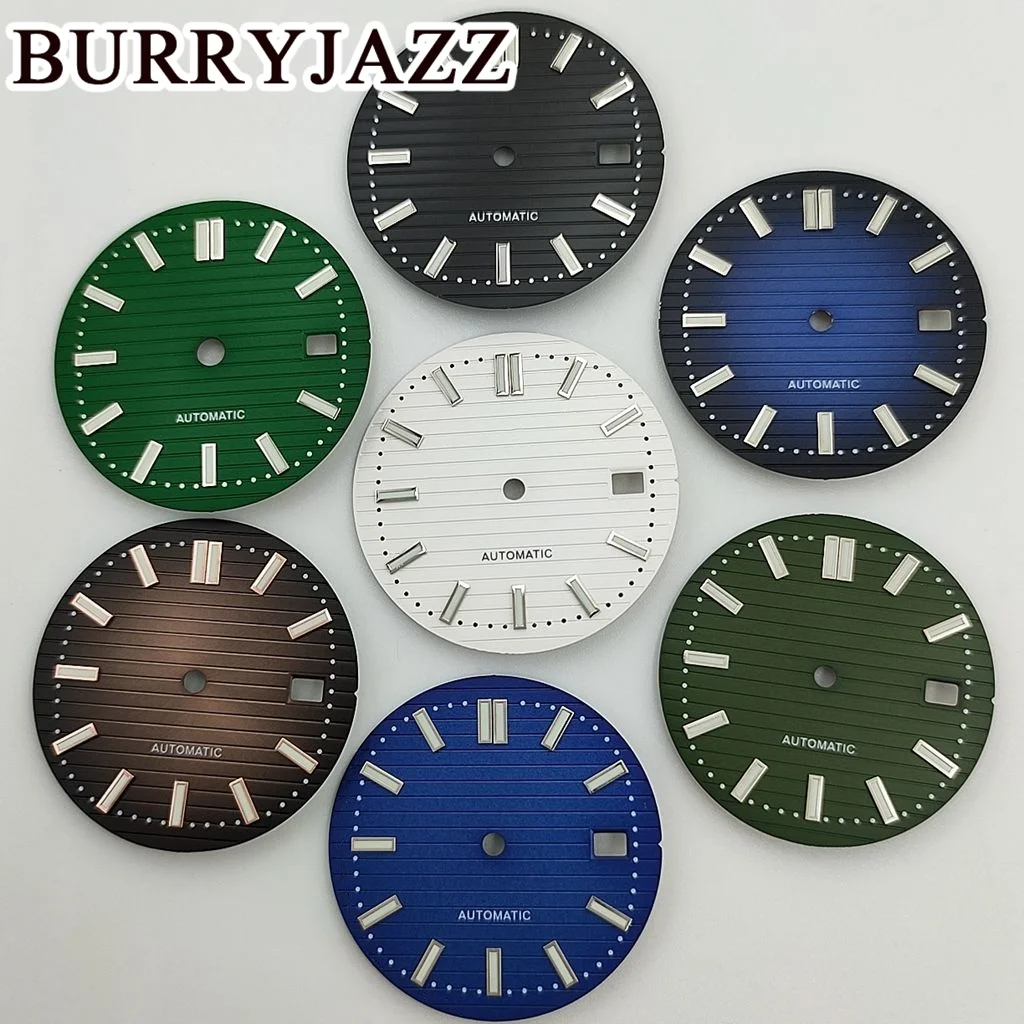 BURRYJAZZ 30.5mm No Logo NH35 Watch Dials Black Blue White Green Brown Dial Green Luminous Fit 3 O'clock Case Crown