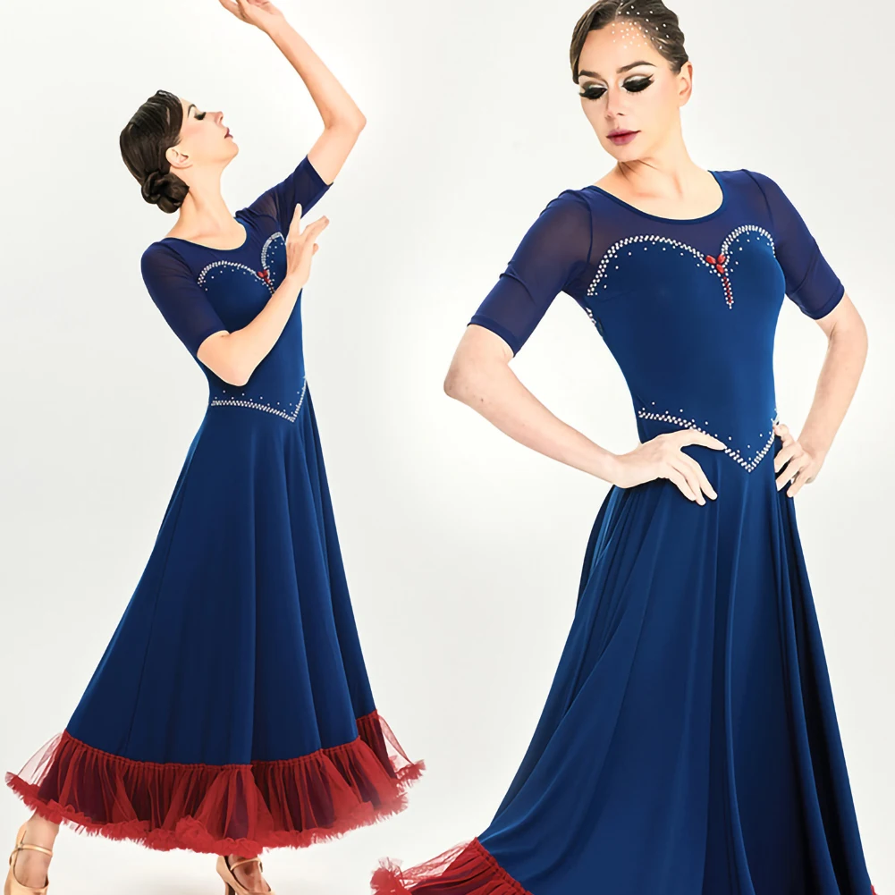 โมเดิร์นการแข่งขันเต้นรําอย่างเป็นทางการโอกาส Rhinestone เครื่องแต่งกายผู้หญิง 2025 Waltz กีฬาเต้นรําชุดสีชมพูสีแดง