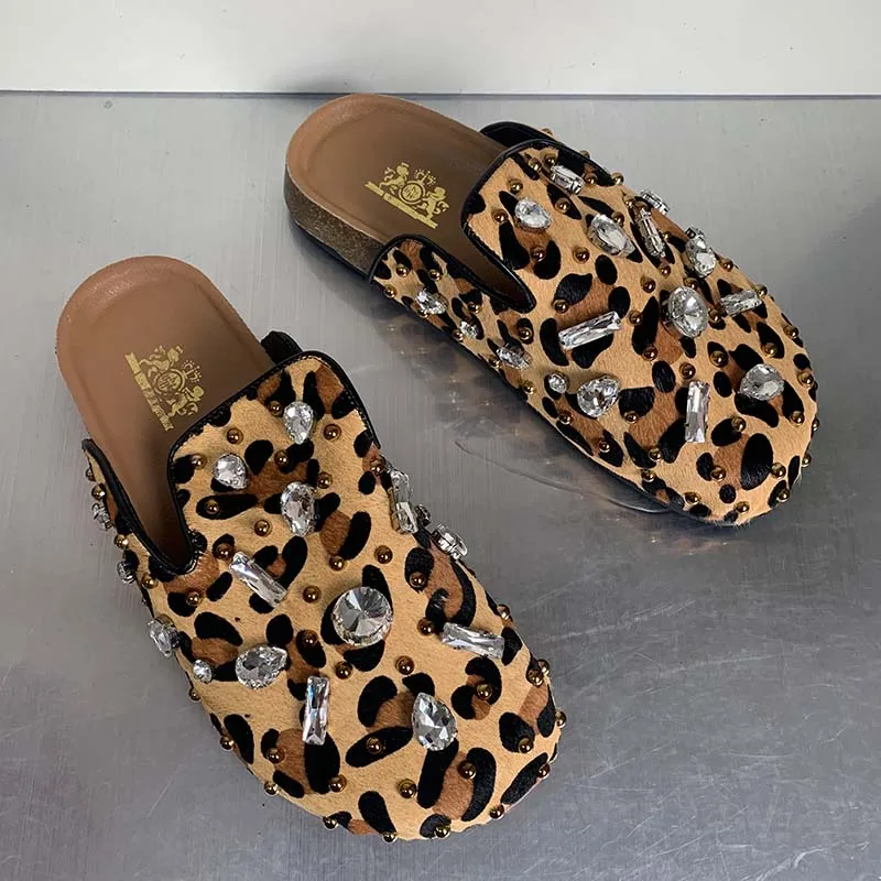 Women Shoes Leopard Mules Flat Slippers Rhinestones Slides 2024 Summe New Thick Sole Casual Luxury Shallow Flat Slippers