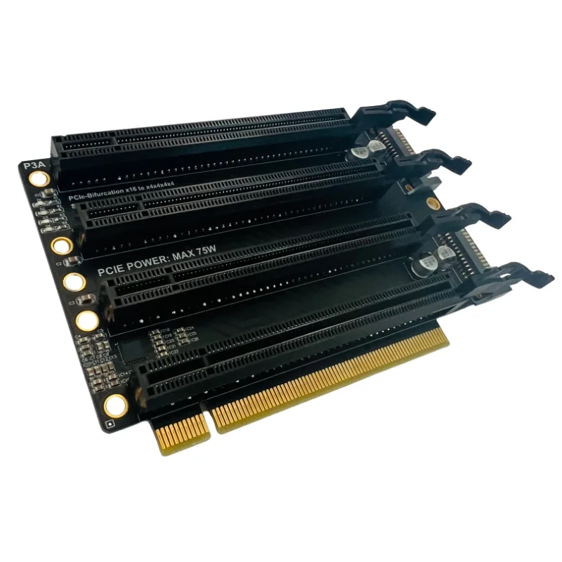 PCI-E 3.0 x16 1 to 4 Split Card Gen3 PCIe-Bifurcation x16 to x4x4x4x4 Expansion Card 20.2mm Spaced Slots SATA Power Supply Port